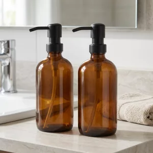 2pcs Amber Glass Pump Soap Dispenser